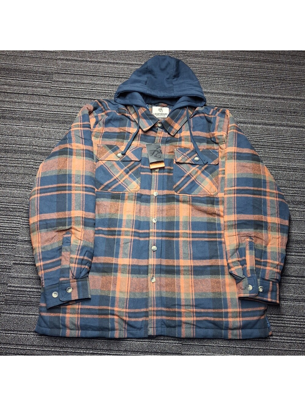Legendary Whitetails Hooded Flannel Shirt Jacket Mens XL Blue Orange Plaid NWT